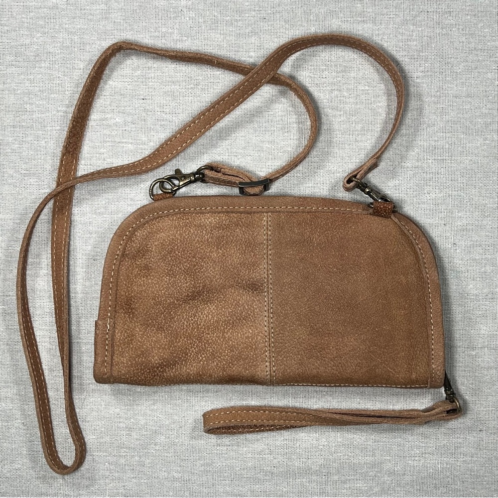 Chloe & Lex Brown Leather and Canvas Crossbody Bag/Wristlet
